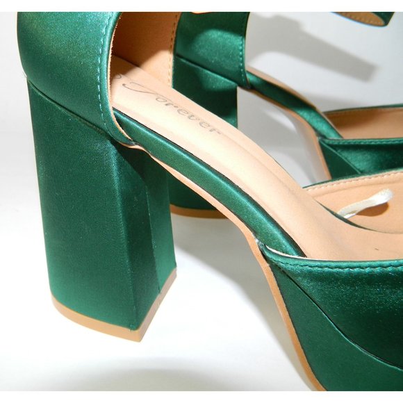 Size 8 Forever Emerald Green Satin Runway Block Heel Closed Toe Shoes Platform - Picture 7 of 16